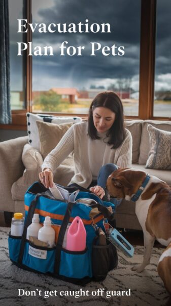 A woman packing a go-bag for her dog. Text says Evacuation Plan for Pets Don't get Caught off Guard