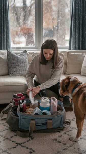 A dog is watching its owner pack a back in preparation for evacuation during an emergency.