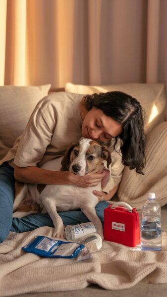 A woman is comforting her dog after an emergency is over.