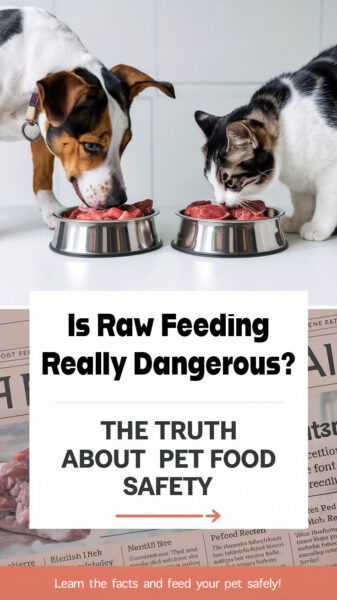 A dog and a cat eating fresh raw food from stainless steel bowls. The text overlay reads: “Is Raw Feeding Really Dangerous? The Truth About Raw Pet Food Safety."