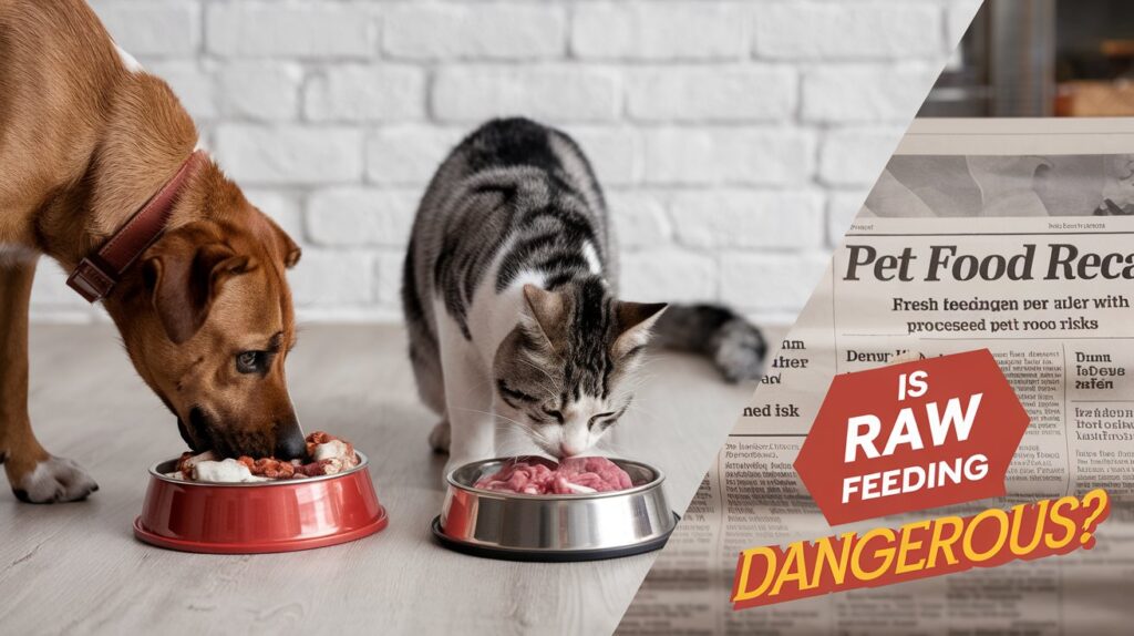 A split-screen image: On one side, a dog and a cat eating fresh, raw food in their bowls. On the other side, a newspaper with a "pet food recall" headline, showing a contrast between fresh feeding and processed pet food risks.