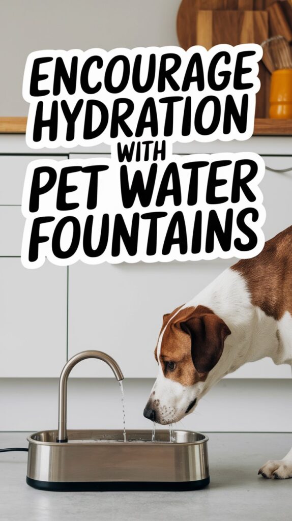 A dog is drinking from a sleek pet water fountain with text that says Encourage Hydration with Pet Water Fountains