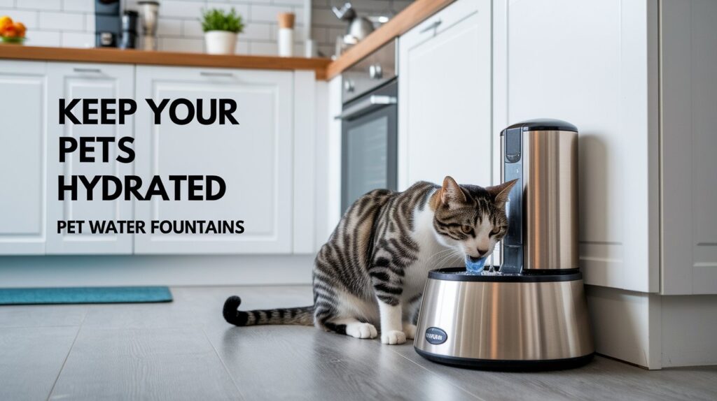 A cat drinking from a pet water fountain with text that says Keep Your Pets Hydrated Pet Water Fountains