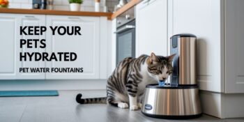 A cat drinking from a pet water fountain with text that says Keep Your Pets Hydrated Pet Water Fountains